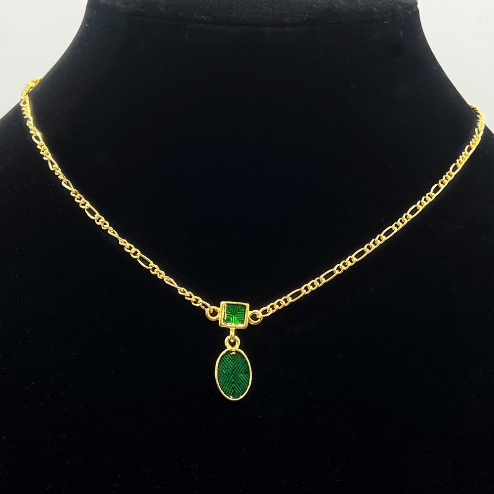 Vintage Signed SJC Petite Gold Tone and Green Pendant Necklace - N2052